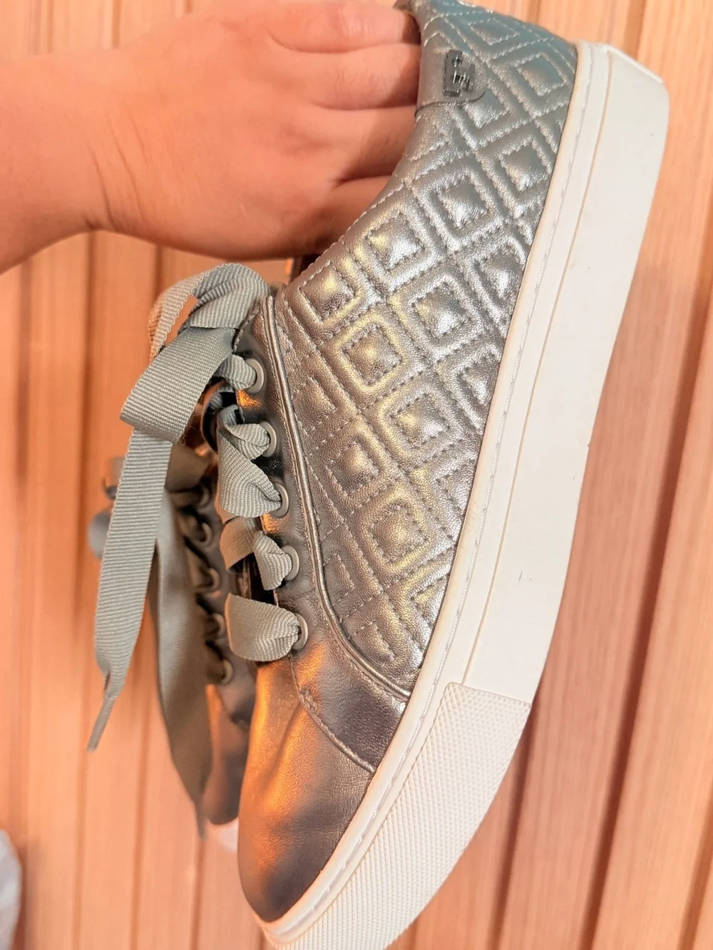 Tory Burch Metallic Silver Quilted Lace-Up Sneakers